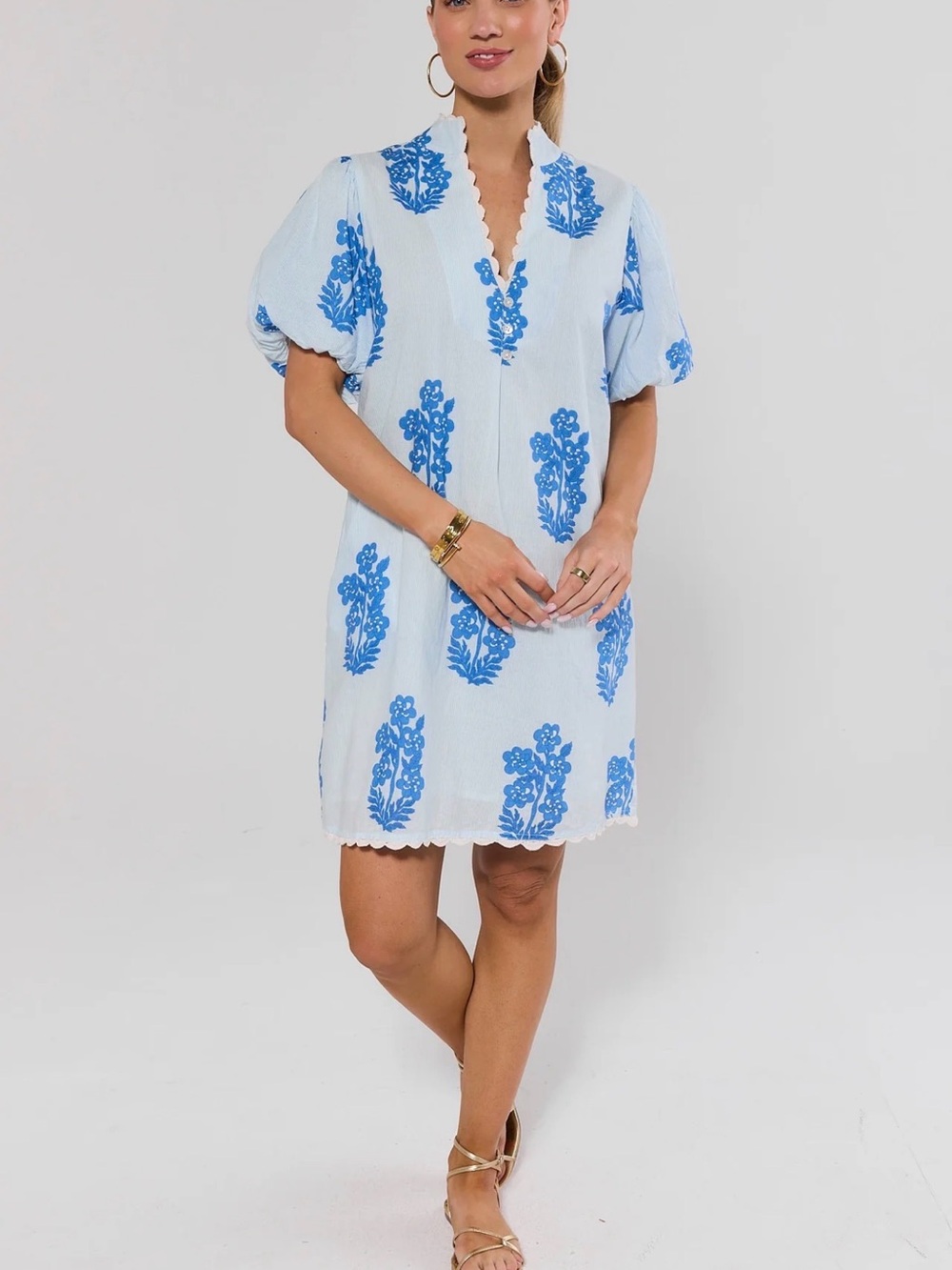 Blue Floral Mini Dress with Scalloped V-Neck - Picture 3 of 9